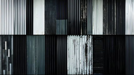 Urban corrugated metal textures collage; weathered, industrial background for design