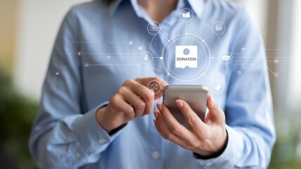 Woman uses smartphone application for online donation purposes