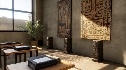 A classroom with ancient Egyptian art decor showcases artifacts, providing a serene, scholarly environment with sunlit wooden desks and greenery.