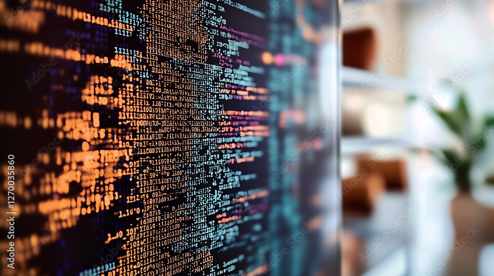 Poster Colorful data visualization on a screen showing digital coding trends in a modern working space : Generative AI