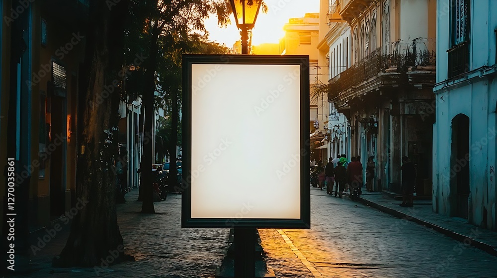 Aufkleber Charming city twilight view showcasing an empty billboard framed by breathtaking architecture and warm glowing lights : Generative AI