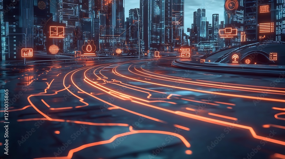 Leinwandbilder Visually striking abstract design with illuminated pathways and futuristic technology elements in a city : Generative AI