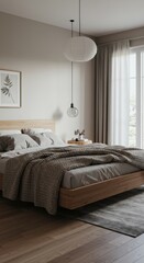 Elegant Scandinavian Bedroom with Soft Beige and Grey