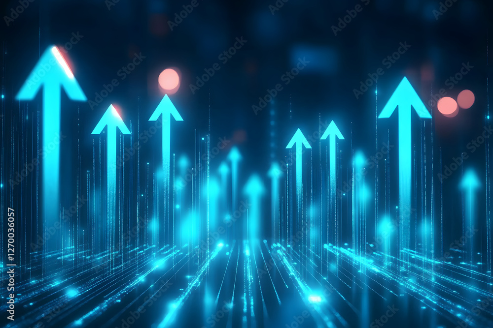 Poster a blue background with glowing arrows pointing upwards, representing growth and progress in the digi
