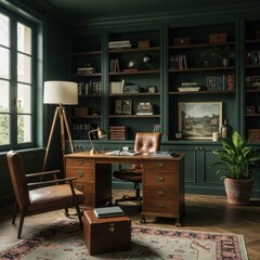 Sophisticated Dark Green Home Office with Wooden Shelves
