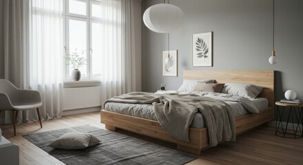 Elegant Scandinavian Bedroom with Soft Beige and Grey