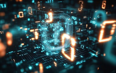 Complex digital grid forming a glowing structure filled with numbers illustrating advanced data processing : Generative AI