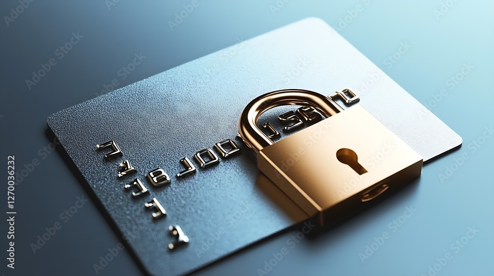 Poster Artistic representation of a credit card with a golden padlock signifying strong financial security measures : Generative AI