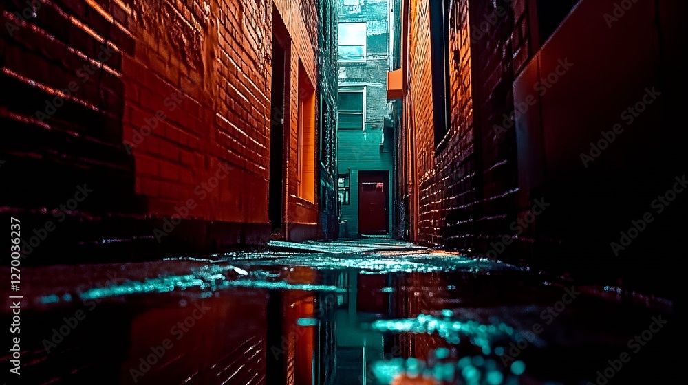 Poster captivating view of an illuminated alley showcasing reflections on rain soaked pavement : generative