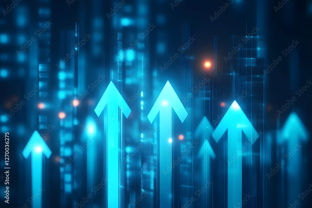 Poster a blue background with glowing arrows pointing upwards, representing growth and progress in the digi