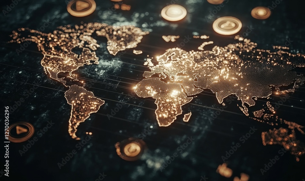 Poster global economy concept with interconnected world map and digital currency icons