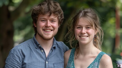 Obraz premium happy couple in love spends a fun summer time together. They smile and hug each other.