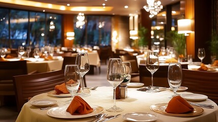 Elegant dining setup in a modern restaurant with sophisticated lighting and glassware for an exquisite dining experience : Generative AI