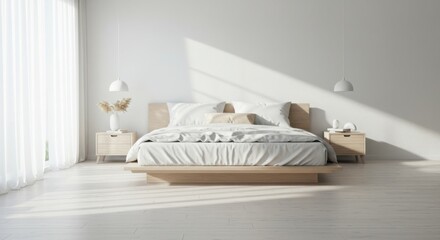 Modern Minimalist White and Wood Bedroom with Soft Natural Light