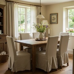 Cozy Cottage-Style Dining Room with Natural Light and Rustic Details
