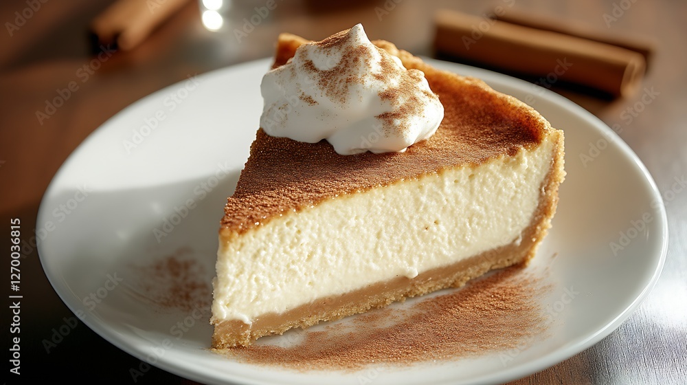 Poster Rich cheesecake slice with a silky texture topped with whipped cream resting on a clear kitchen table : Generative AI
