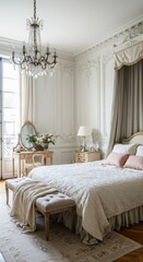 Elegant Parisian Bedroom with Classic Moldings and Soft Pastels