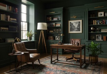 Sophisticated Dark Green Home Office with Wooden Shelves