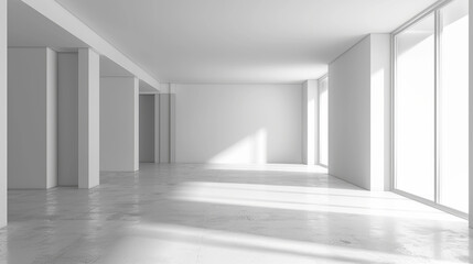 spacious, modern interior with white walls and large windows allowing natural light to fill room, creating bright and airy atmosphere