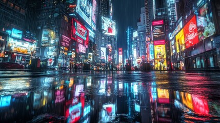 Obraz premium 3D Rendering of billboards and advertisement signs at modern buildings in capital city with light reflection from puddles on street. Concept for night life, never sleep business district center (CBD)