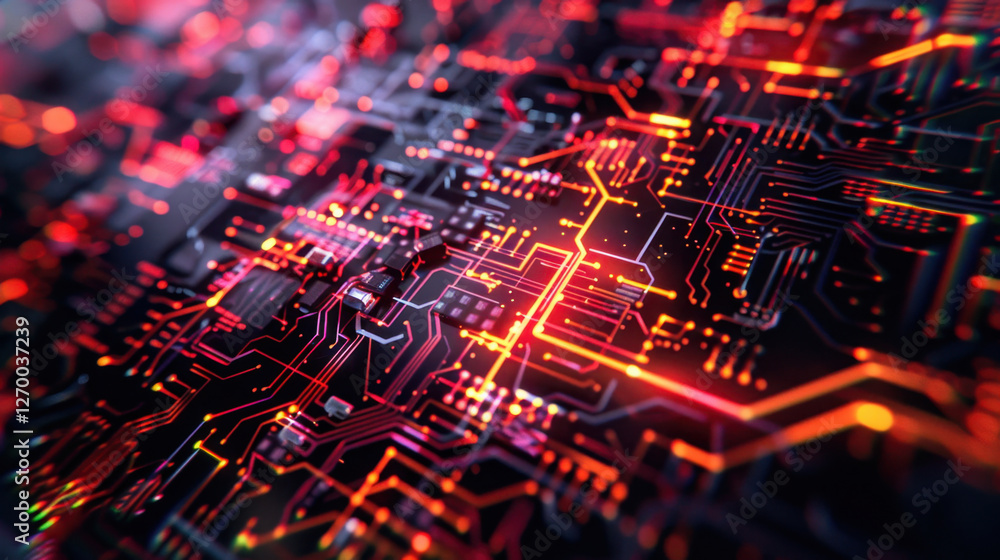Poster abstract digital circuit board with glowing lines and nodes, showcasing intricate patterns and vibra