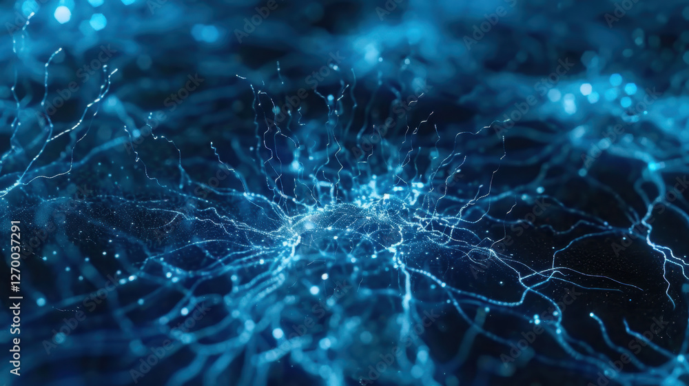 Poster mesmerizing abstract representation of neural connections in blue tones, showcasing intricate patter