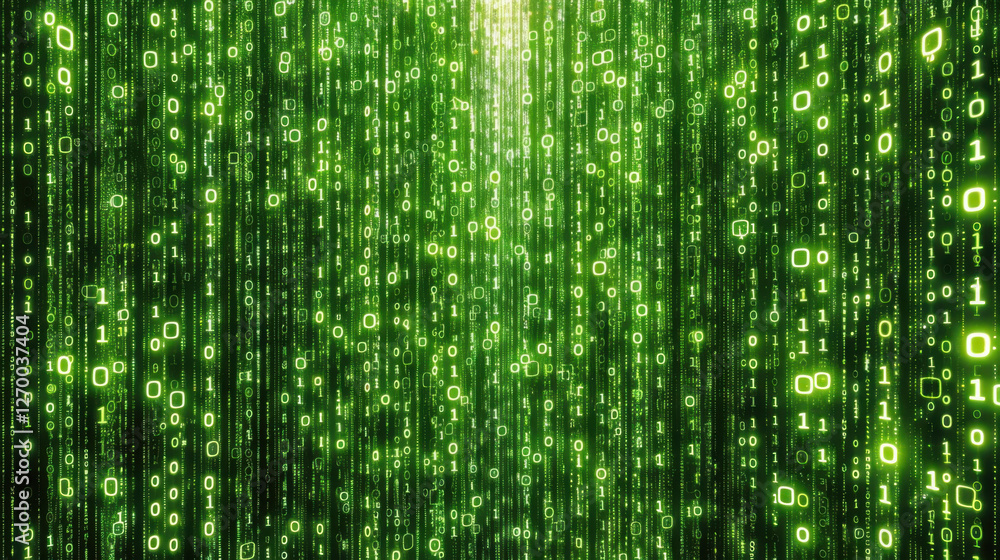 Poster vibrant green digital background filled with binary code, creating futuristic and tech inspired atmo