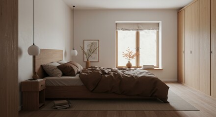 Obraz premium Modern Japandi Bedroom with Soft Earthy Tones