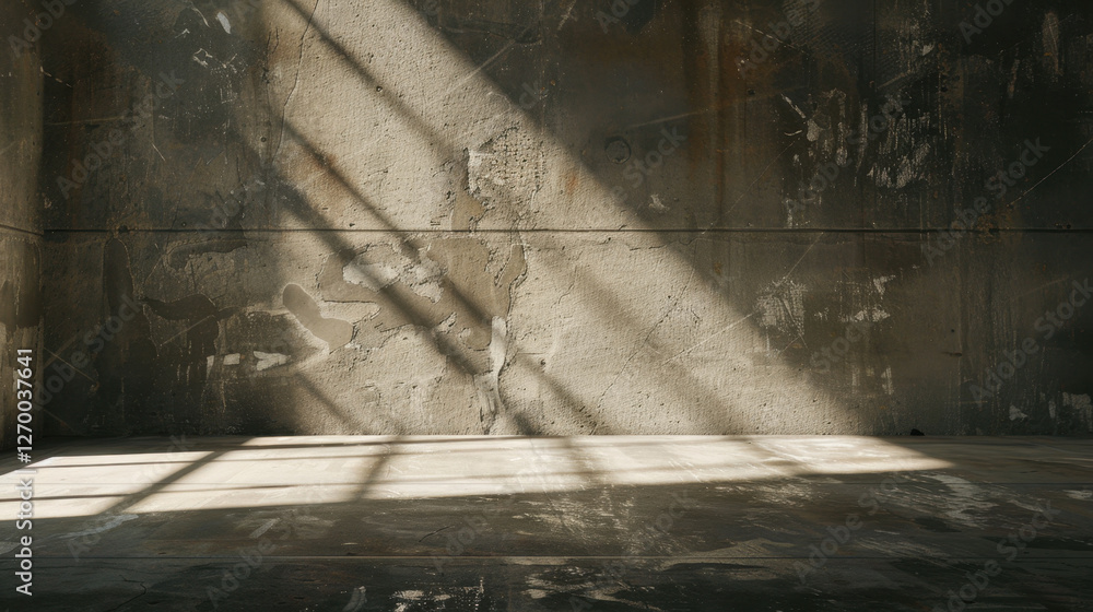Poster minimalist interior space with textured concrete walls and light shadows creating dramatic effect. a