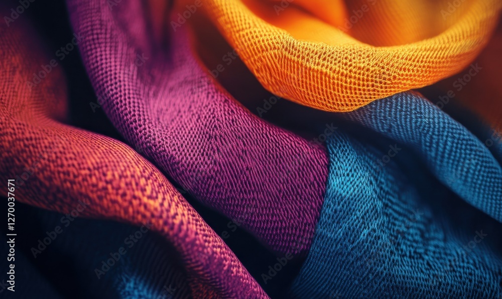 Poster abstract macro shot of woven fabric threads in vibrant colors, soft lighting creating depth and text
