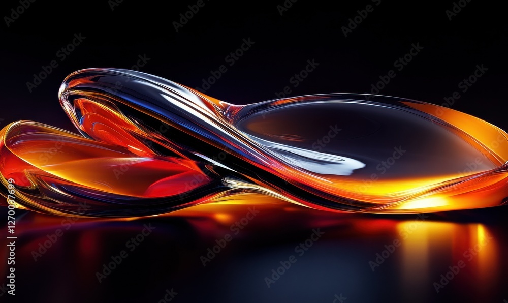 Poster abstract metallic fluid waves reflecting colorful neon lights, soft glowing highlights creating a fu