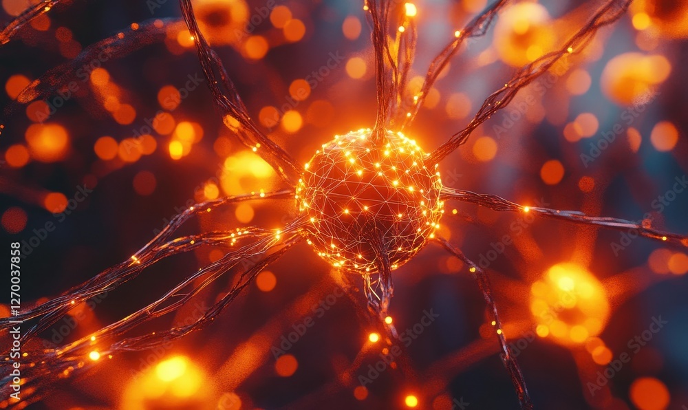 Poster abstract neural network concept with glowing nodes and vibrant orange pathways, advanced ai theme hi