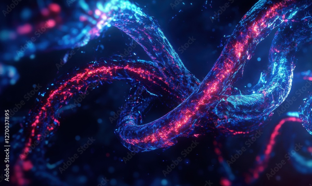Poster abstract rendering of a glowing dna helix floating in a dark digital space, vibrant neon blue and re