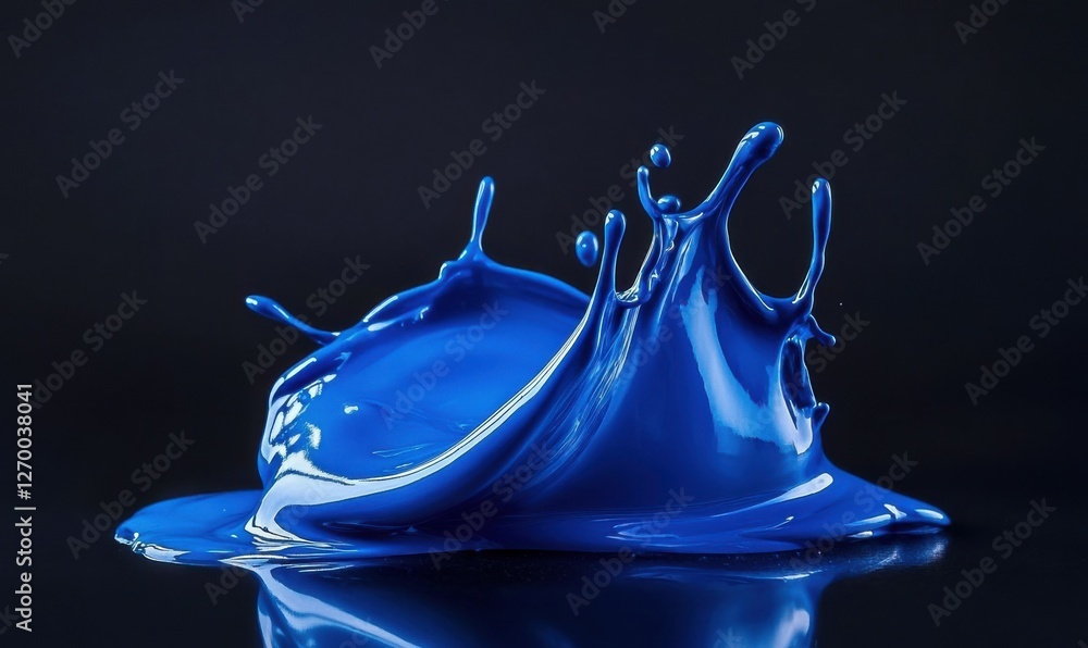 Poster abstract splash of bright blue paint on a dark background, dynamic motion and glossy texture creatin