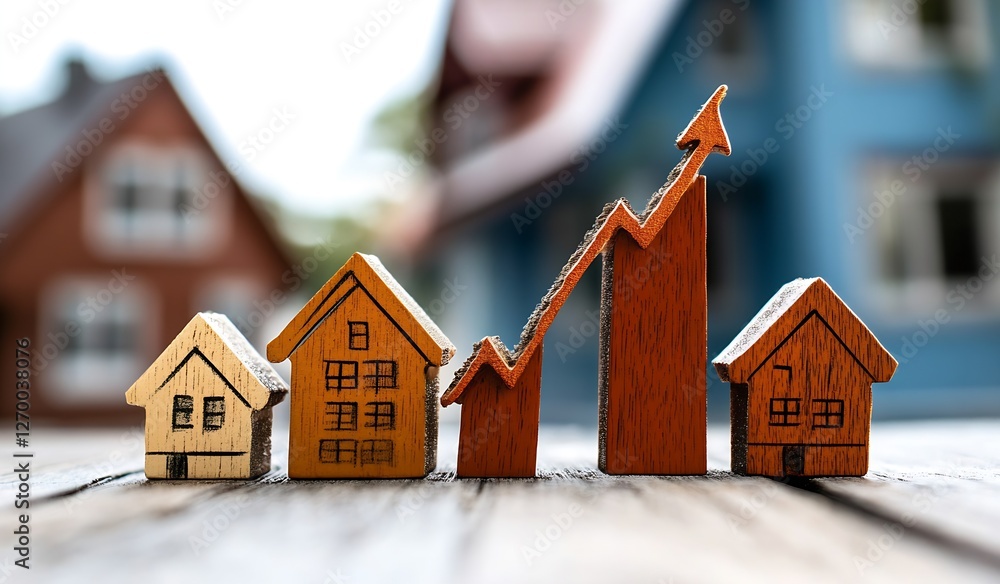 Poster wooden house models showcasing increasing market trends represented by an upward arrow graph : gener