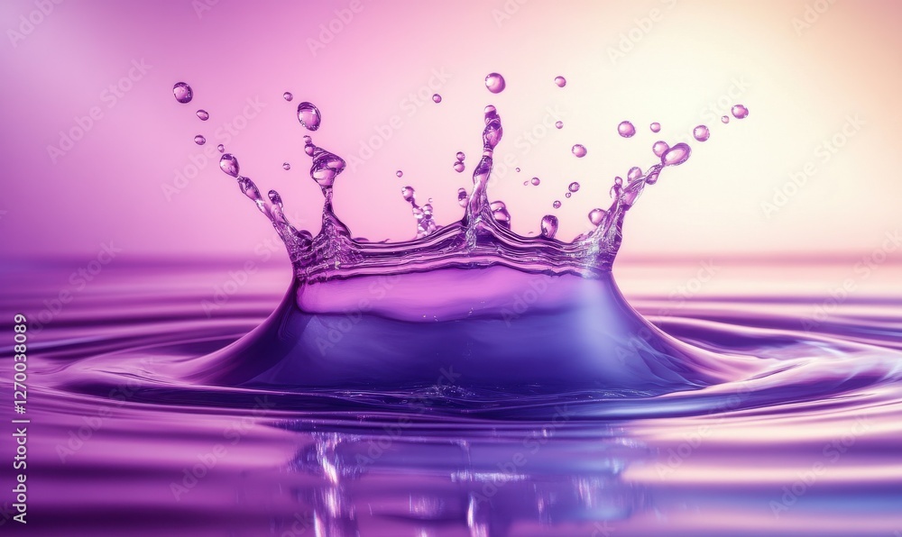 Poster abstract splash of purple and pink liquid in midair, glowing reflections and smooth textures creatin