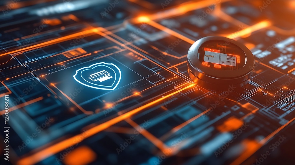 Aufkleber Close View of a Cybersecurity Hardware Token with Shield Symbol on a Digital Board : Generative AI
