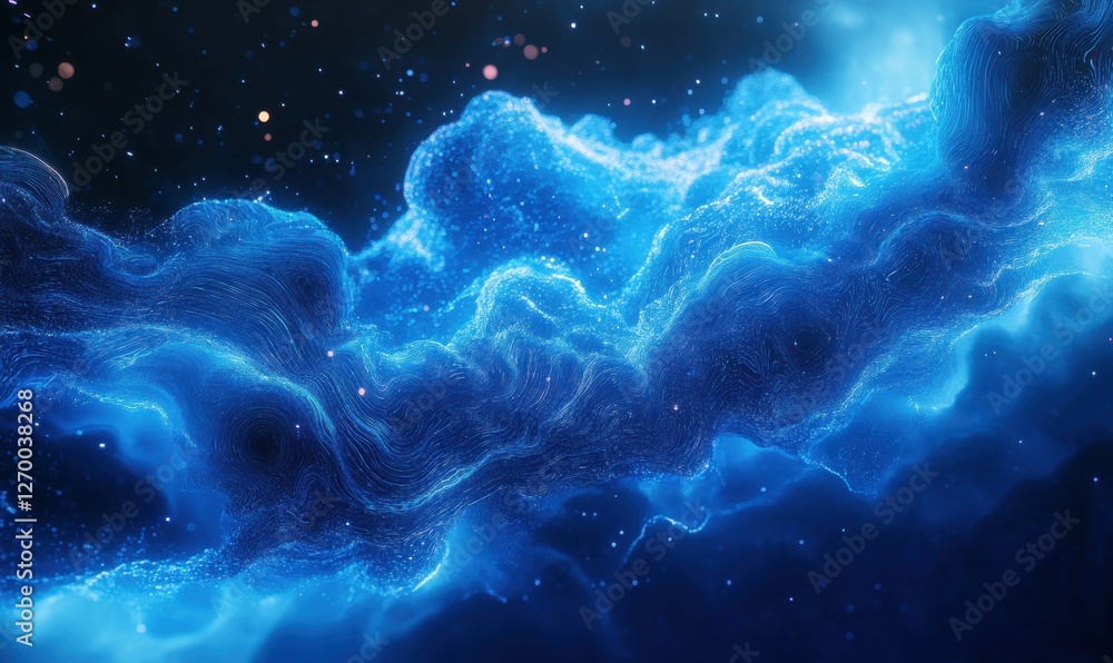 Poster abstract visualization of a glowing digital cloud, vibrant neon blue data streams highlighting conne
