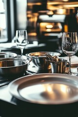 Elegant dining setting with silverware and glassware on a modern table ambiance : Generative AI