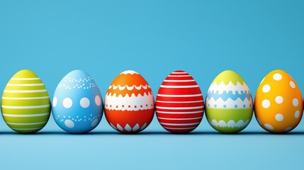 Colorfully decorated easter eggs arranged in perfect row on blue background, greeting card