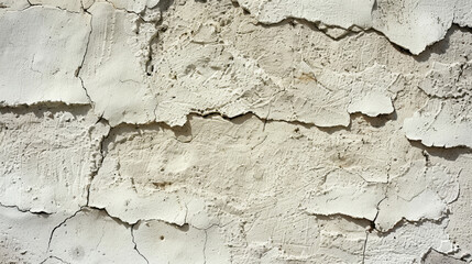 Cracked white plaster wall with peeling texture and rough surface. aged appearance adds character and depth, showcasing effects of time and weathering
