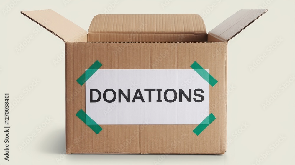Poster an open cardboard box labeled donations sits on a surface