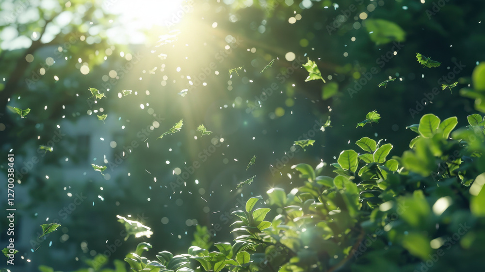 Poster sunlight filtering through leaves creates serene atmosphere with floating particles in air, evoking 