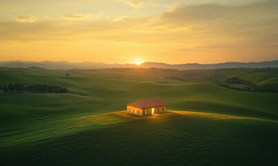 Fototapeta premium Aerial view of a glowing house surrounded by rolling green fields under a pastel-hued sunset, embodying peace and isolation.