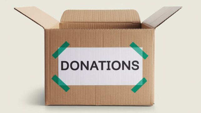 An open cardboard box labeled donations sits on a surface