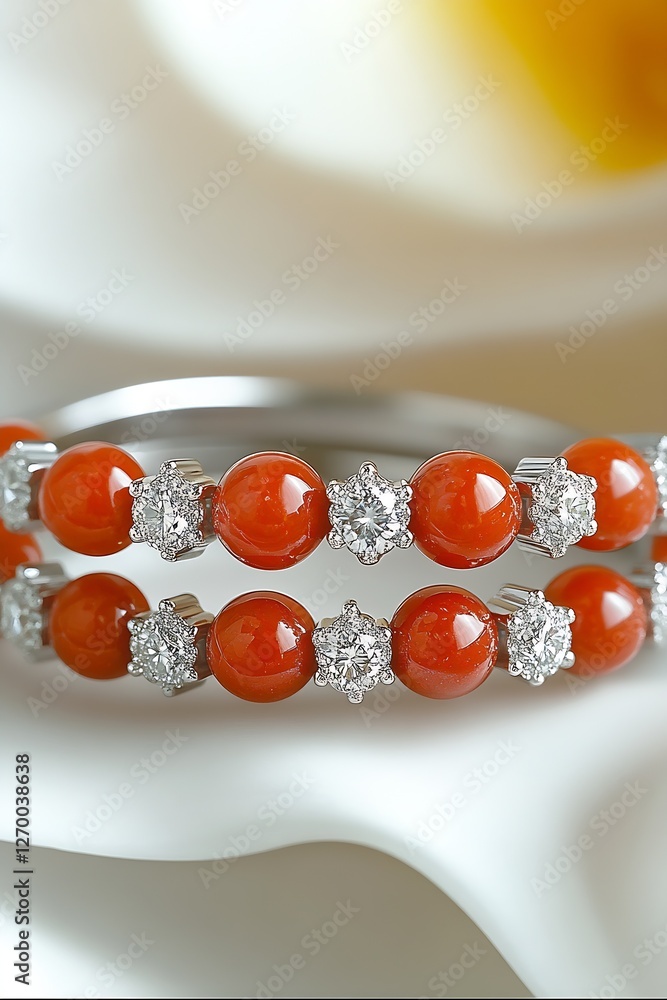 Poster Elegant pair of stylish orange gemstone bracelets adorned with sparkling diamonds and placed on a soft background : Generative AI