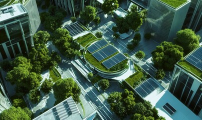 Aerial view of a modern sustainable city with green roofs, solar panels, and wide open public space
