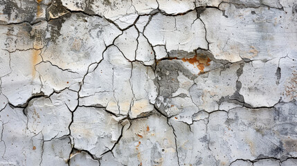 Fototapeta premium textured wall with cracks and peeling paint, showcasing weathered appearance. surface features shades of white, gray, and hints of orange, evoking sense of age and decay