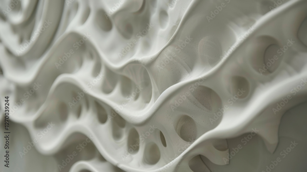Poster abstract white wall art with flowing curves and holes, creating dynamic texture and depth, perfect f