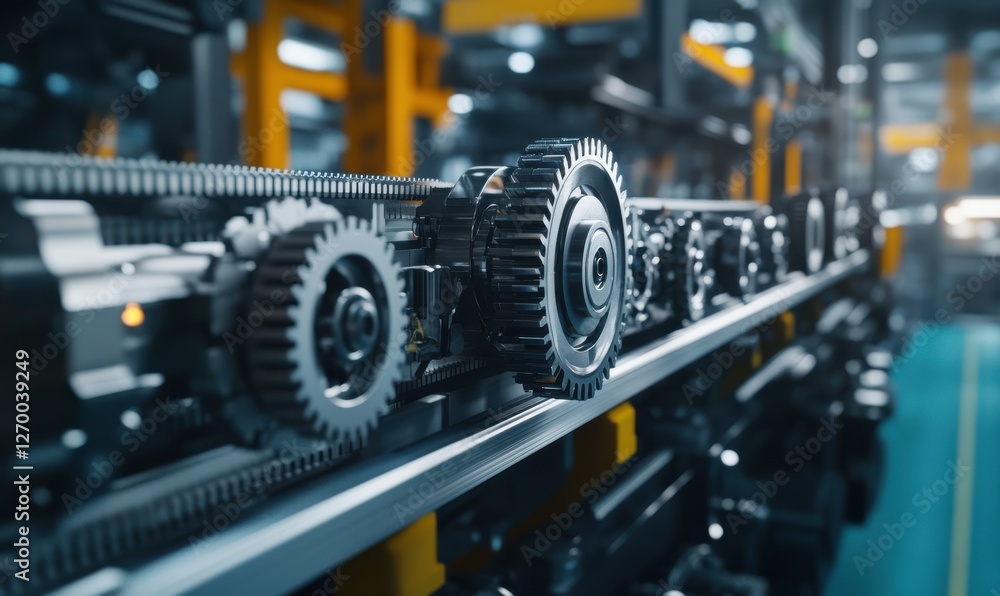 Poster close-up of gears and mechanical components in motion inside a modern production line, symbolizing p